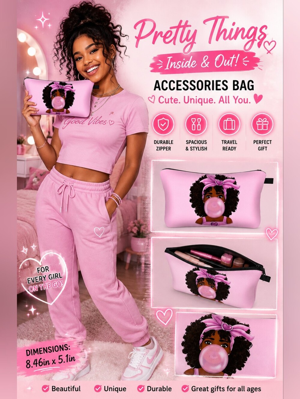 Pink Bubble Girl Accessories Bag | Cute Kawaii Makeup & Travel Cosmetic Pouch